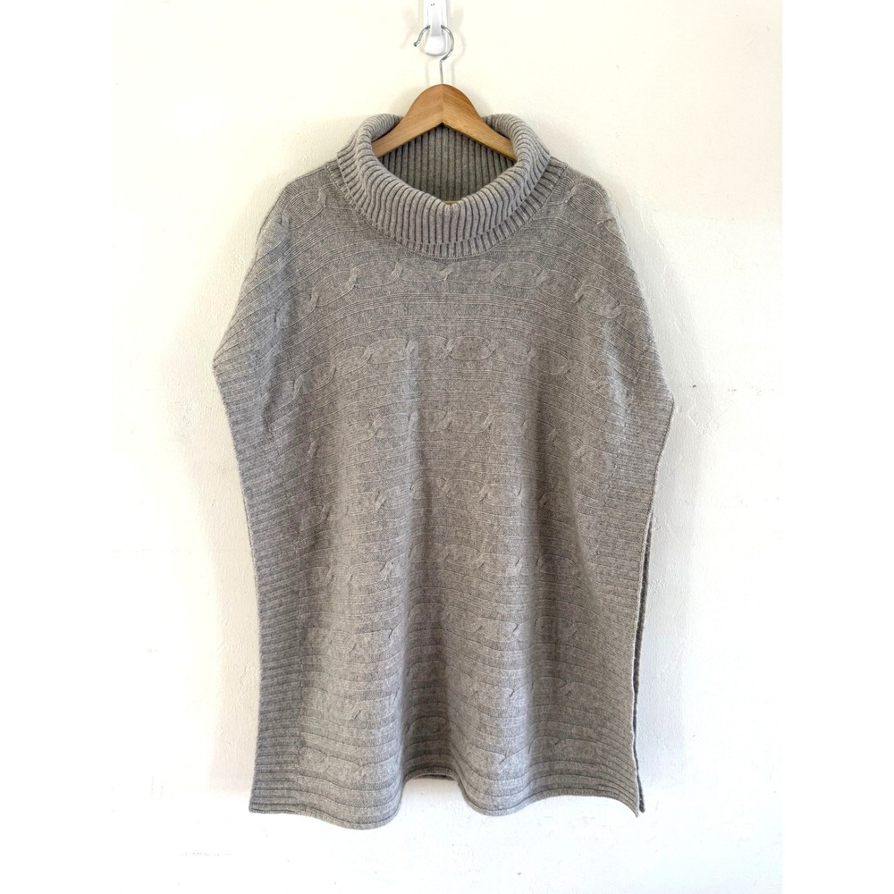 Cortland Park Womens 100% Cashmere Cable Knit Turtleneck Poncho Heather Gray